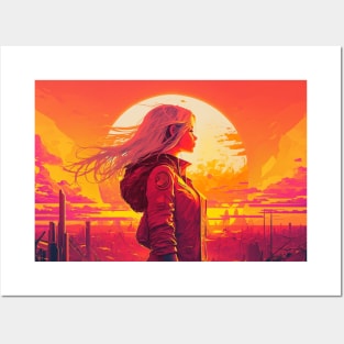 Cyberpunk Girl Looking At Synthwave Sun Posters and Art